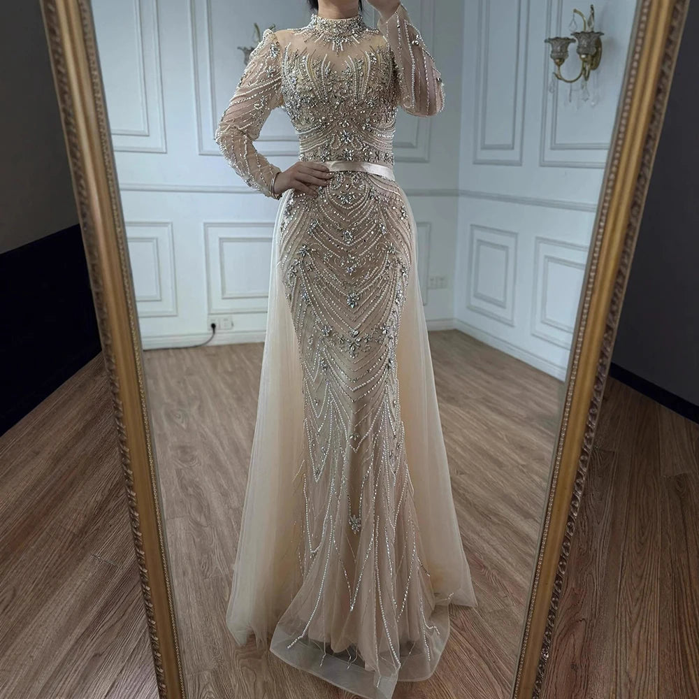 Luxury Pink Beaded Mermaid Evening Dress Long Sleeve LA73158