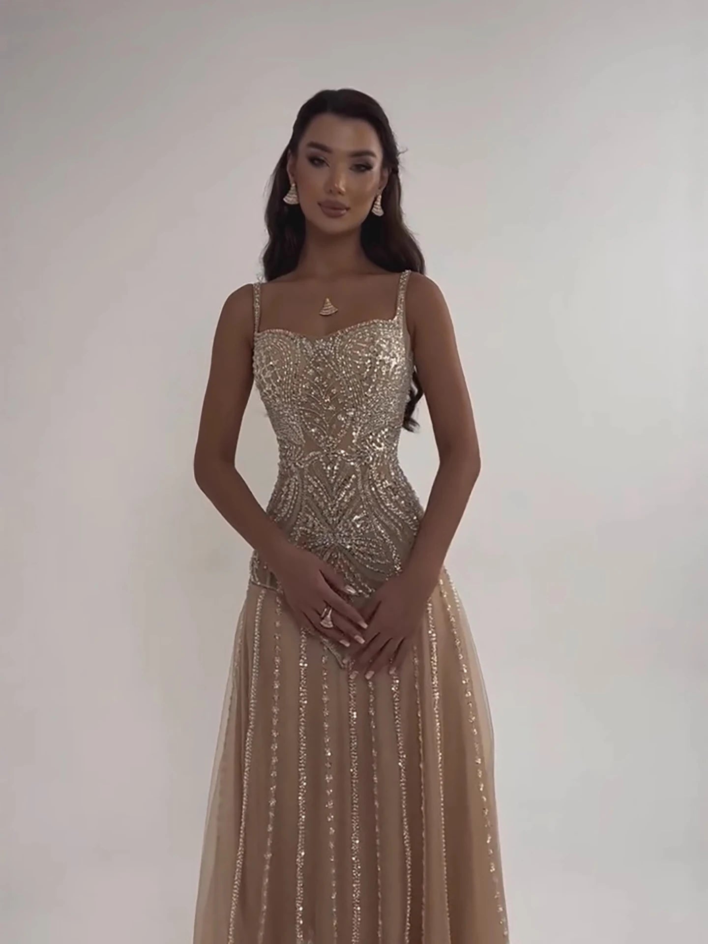 Luxury Nude Beaded A-Line Evening Dress for Women Party LA73189A