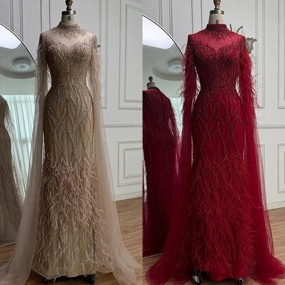 Luxury Nude Feather Beaded High Neck Formal Evening Dress for Women LA71885C