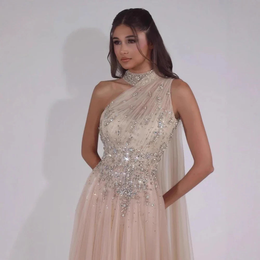 Luxury Nude A Line One Shoulder Beaded Evening Dress LA73154