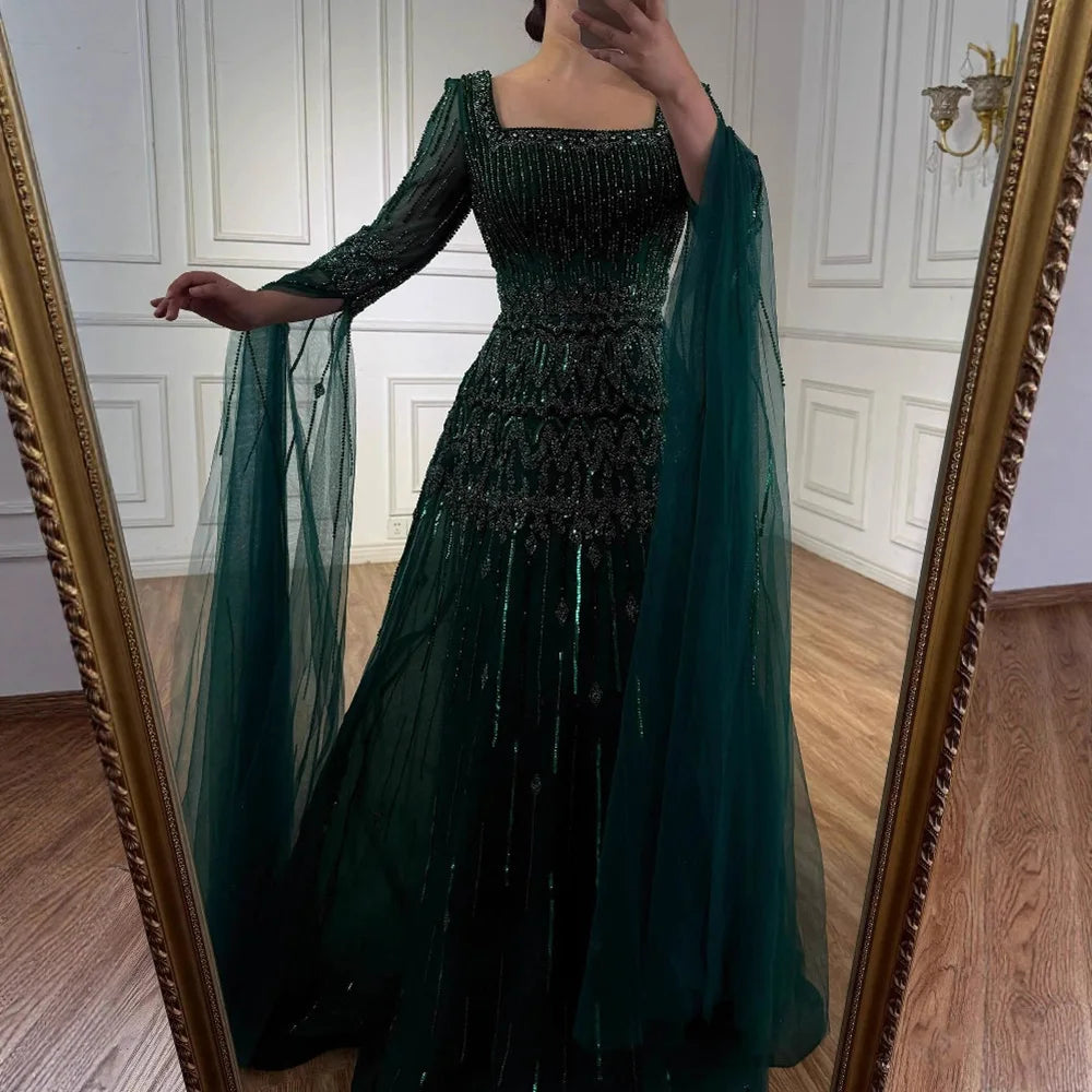 Caramel A-Line Evening Dress with Beaded Cape Sleeves LA73089