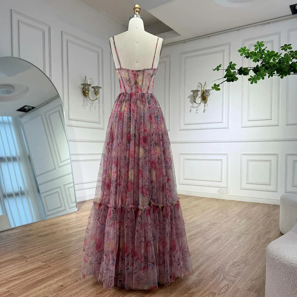Luxury Pink A-Line Tulle Printed Ruffle Tiered Prom Dress LA73149