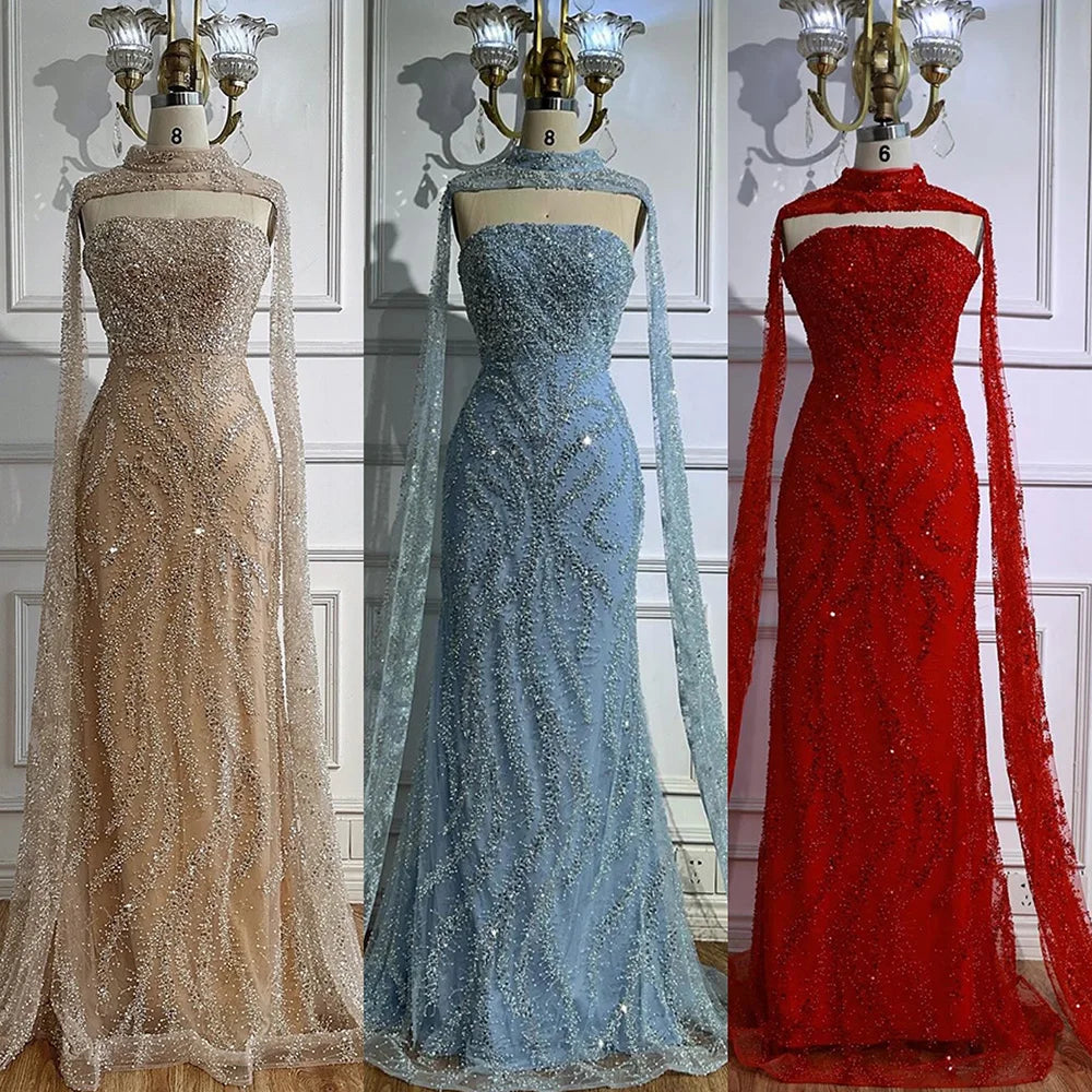 Luxury Nude Mermaid Evening Dress with Cape Sleeves LA72824
