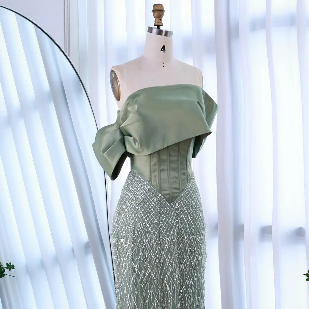 Sage Green Off Shoulder Tassel Beaded Mermaid Evening Dress LA73037
