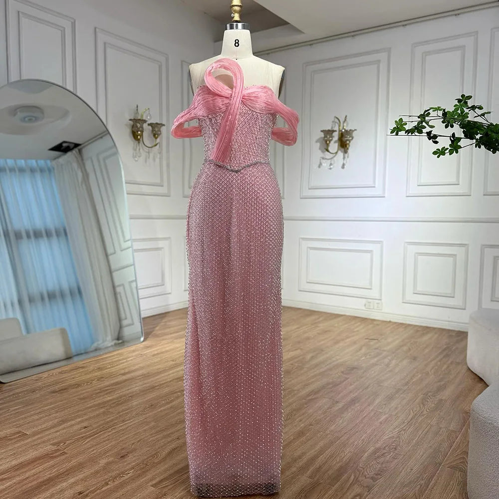 Luxury Pink Off Shoulder Mermaid Evening Dress with Bow LA73058