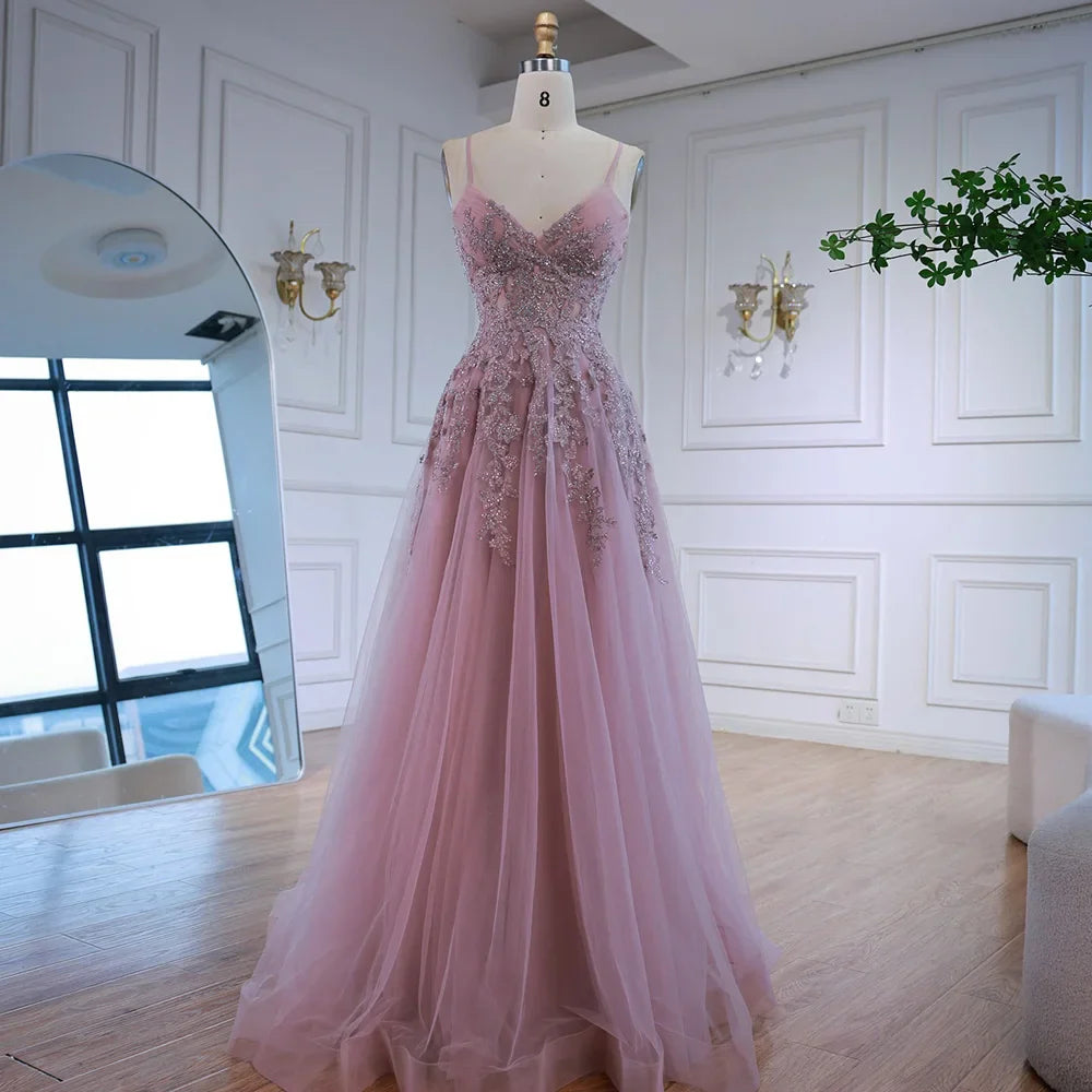 Luxury Pink Tulle A Line Prom Dress with Appliques LA73009