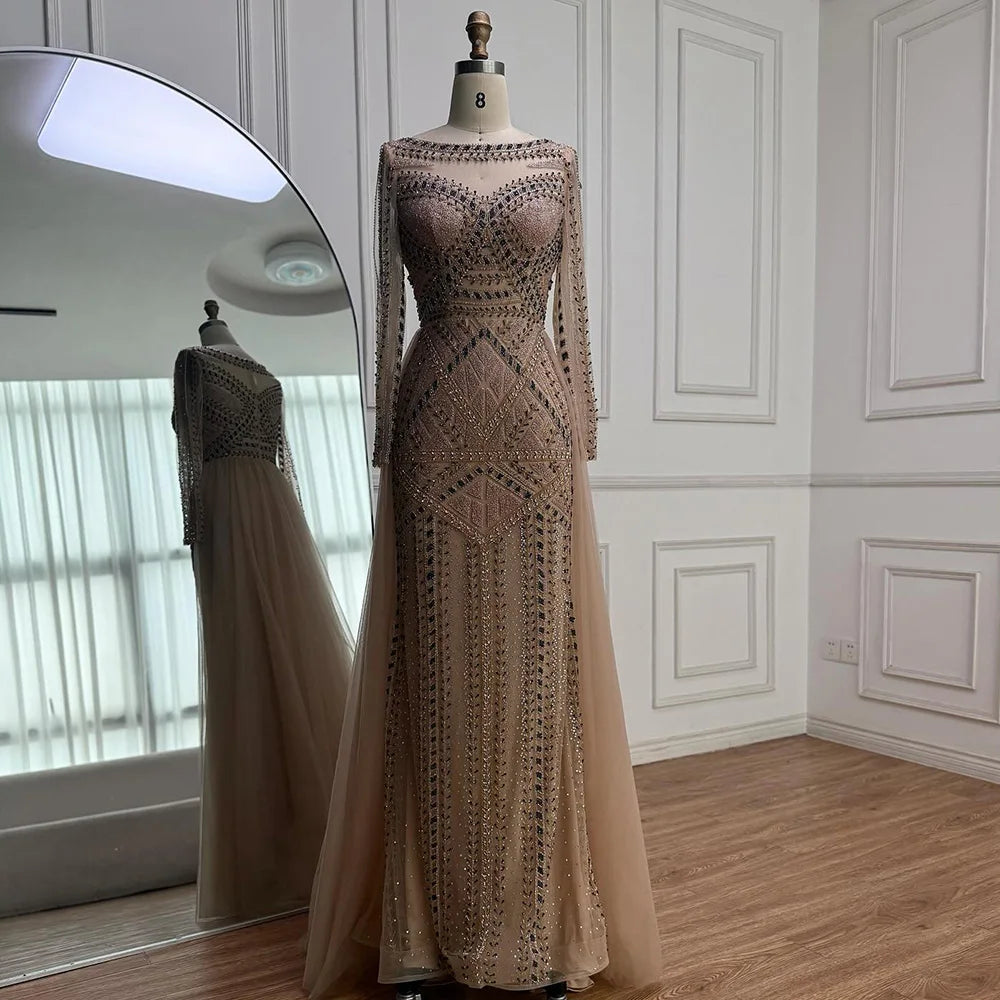 Luxury Dubai Nude Evening Dress With Long Sleeves LA72967
