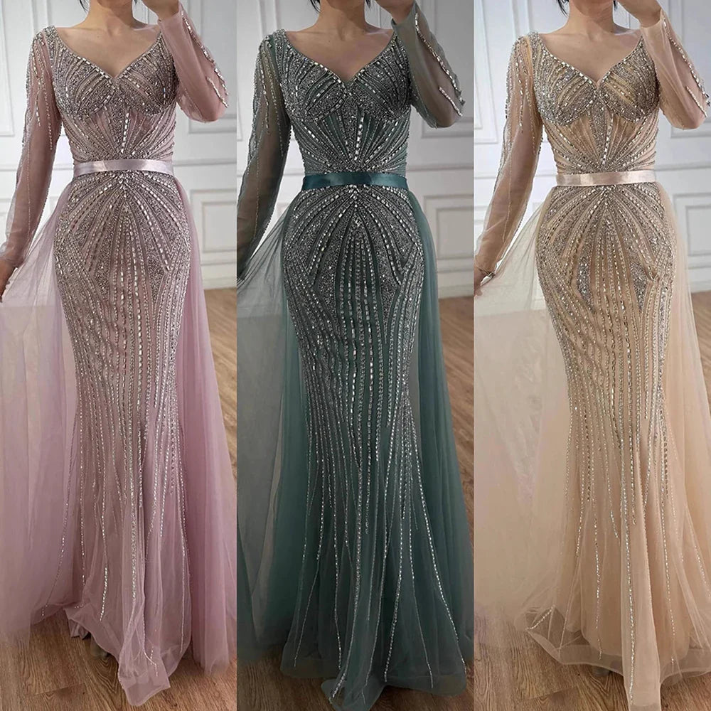Luxury Nude Beaded Evening Dress with Detachable Overskirt LA73156