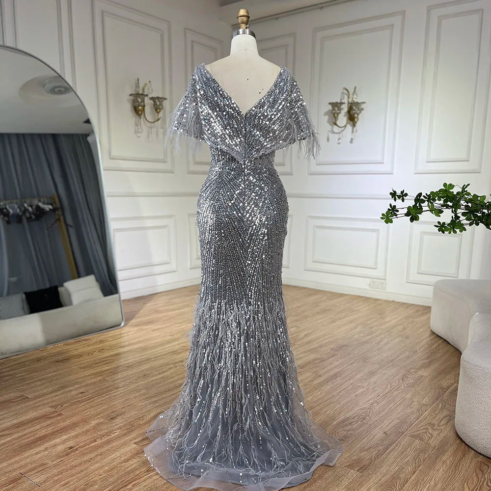 Luxury Arabic Red Mermaid Evening Dress with Feathers Beaded LA71323A