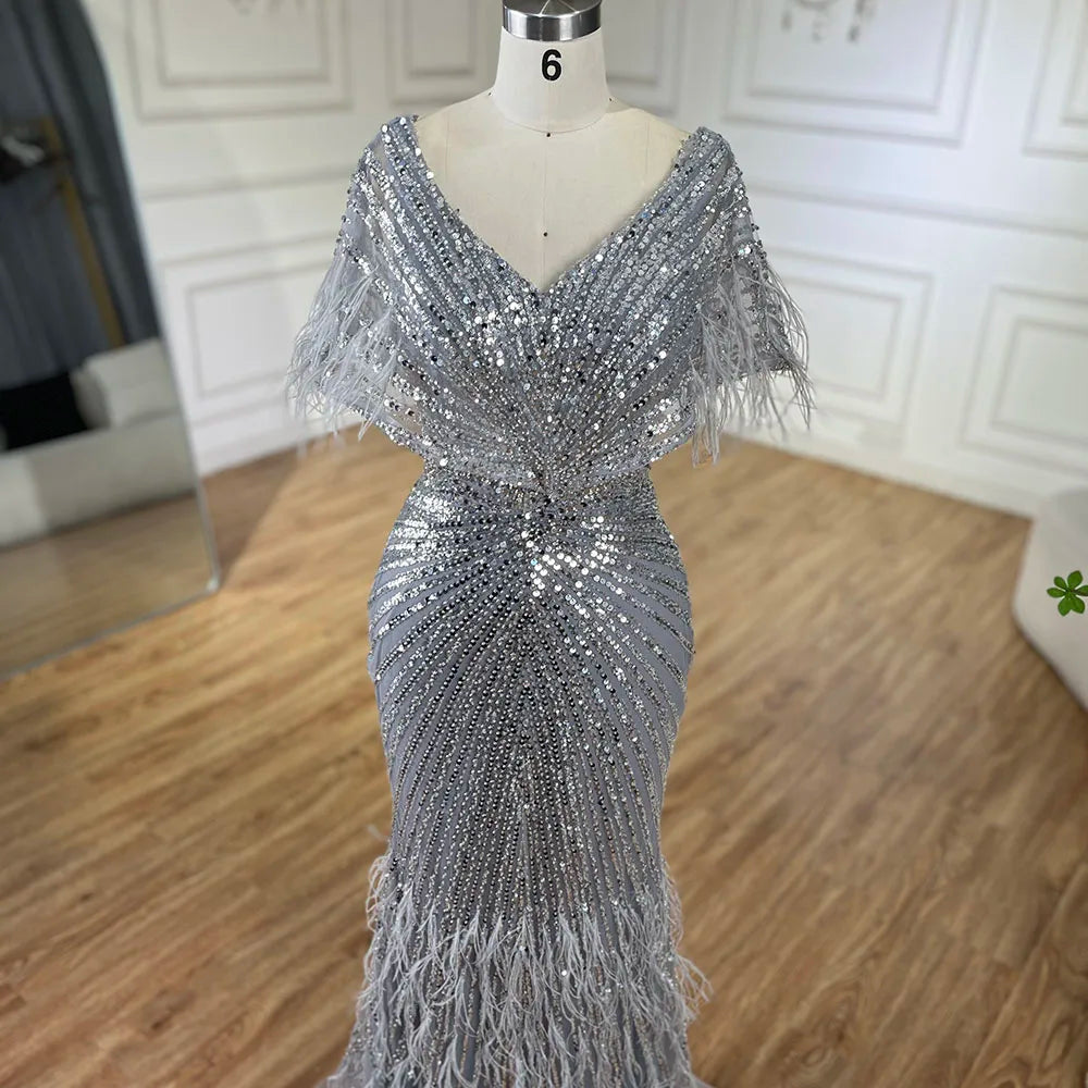 Luxury Arabic Red Mermaid Evening Dress with Feathers Beaded LA71323A