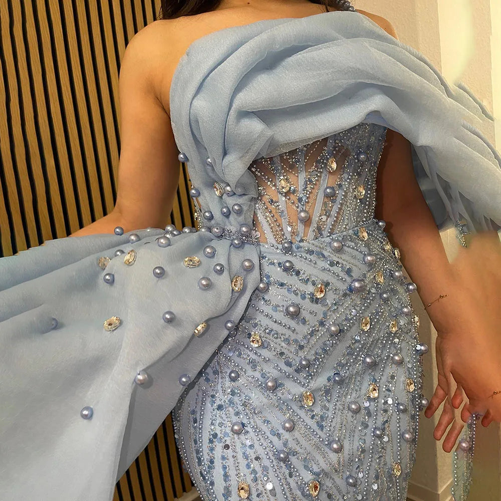 Luxury One Shoulder Blue Evening Dress with Overskirt LA72244A