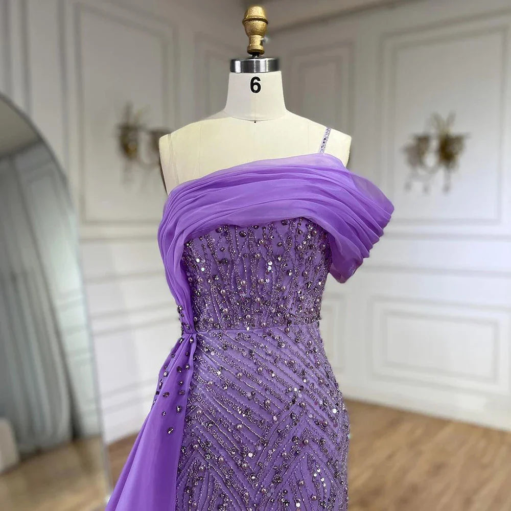 Luxury One Shoulder Blue Evening Dress with Overskirt LA72244A