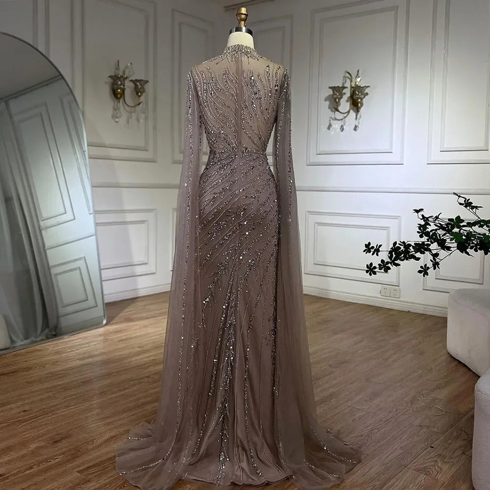 Luxury Black Nude Mermaid Evening Dresses with Cape Sleeves LA71885A