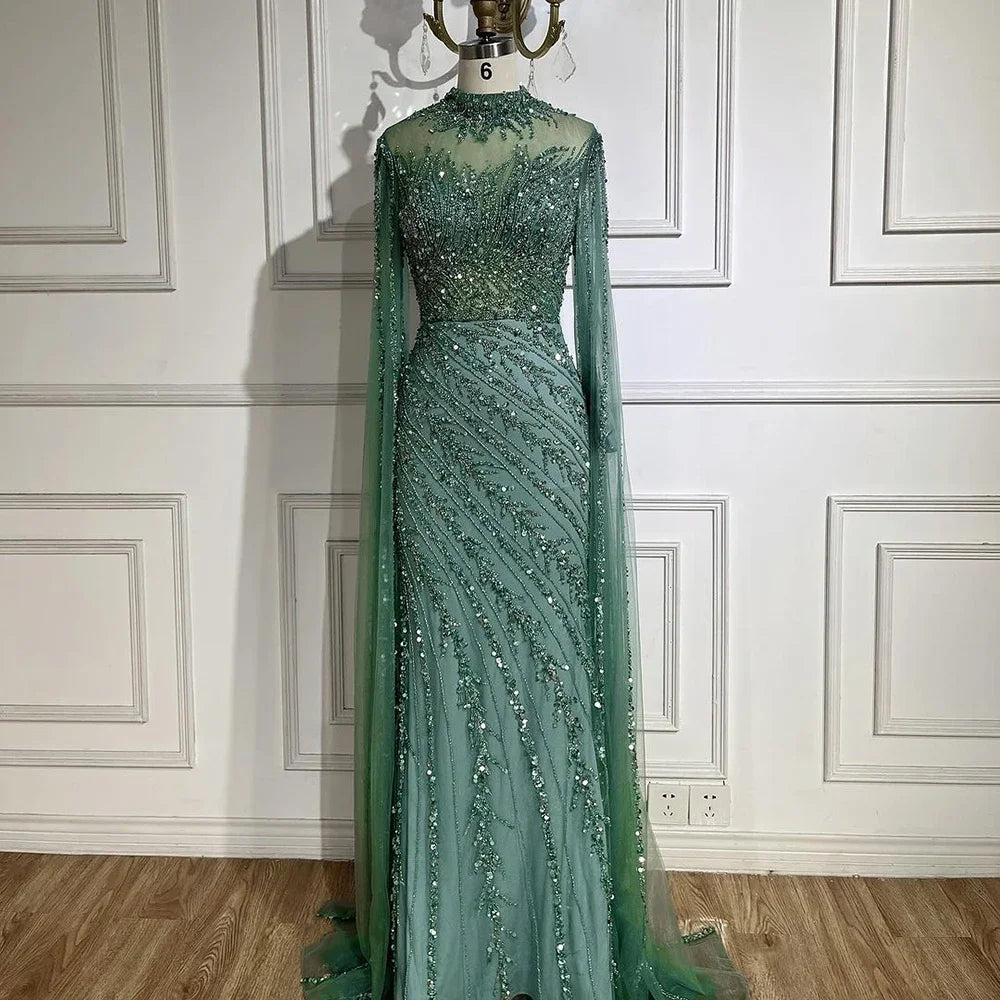 Luxury Black Nude Mermaid Evening Dresses with Cape Sleeves LA71885A