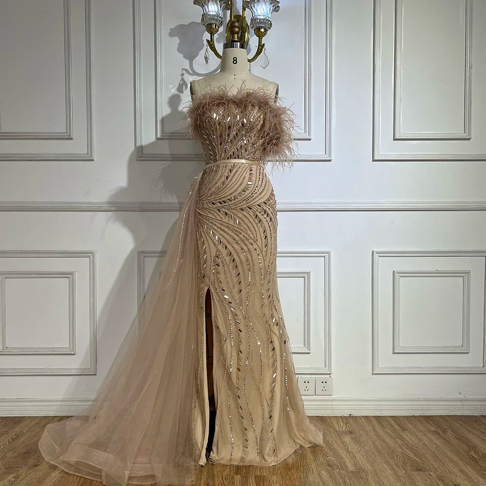 Luxury Nude Mermaid Evening Dress Overskirt Feather Beaded Split LA72311