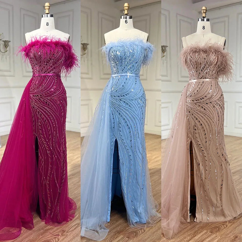 Luxury Nude Mermaid Evening Dress Overskirt Feather Beaded Split LA72311
