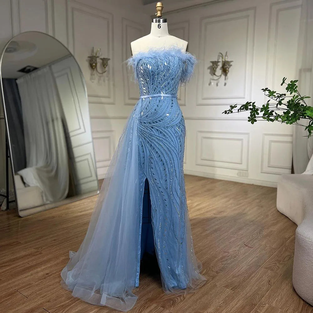 Luxury Nude Mermaid Evening Dress Overskirt Feather Beaded Split LA72311