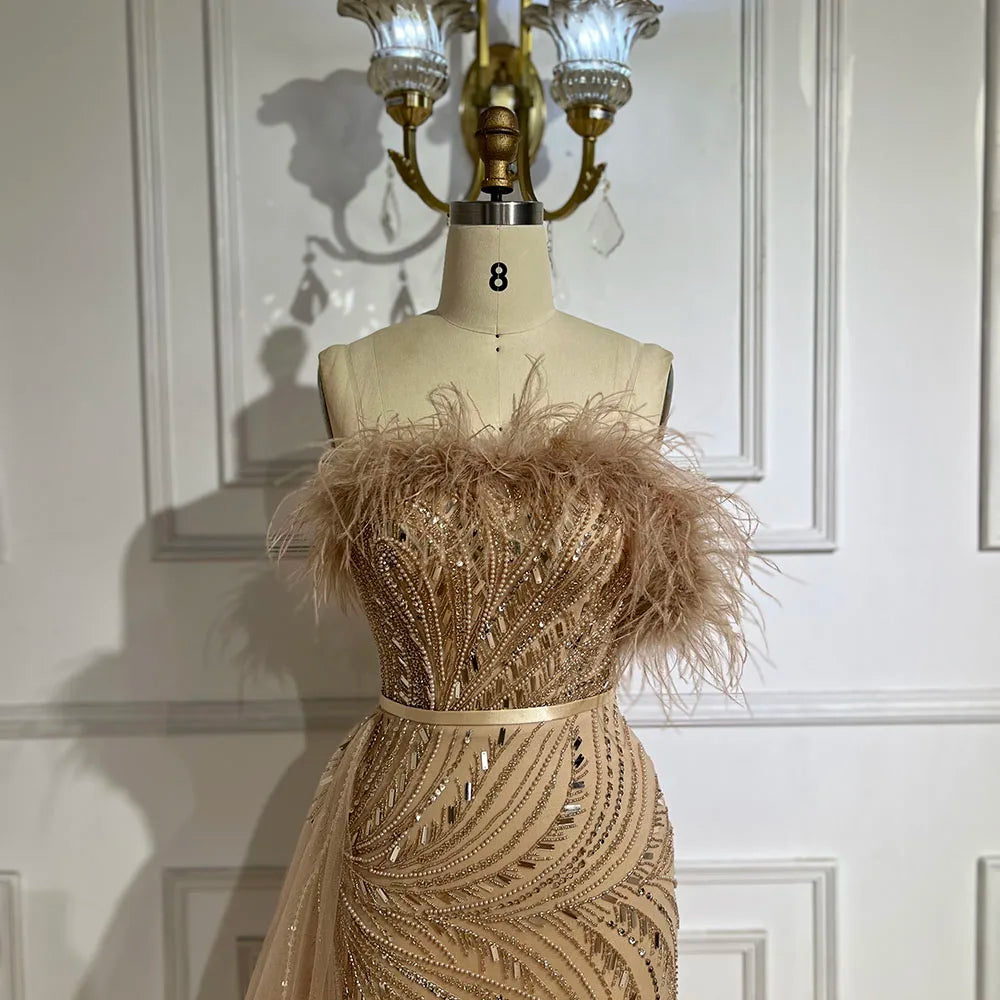 Luxury Nude Mermaid Evening Dress Overskirt Feather Beaded Split LA72311
