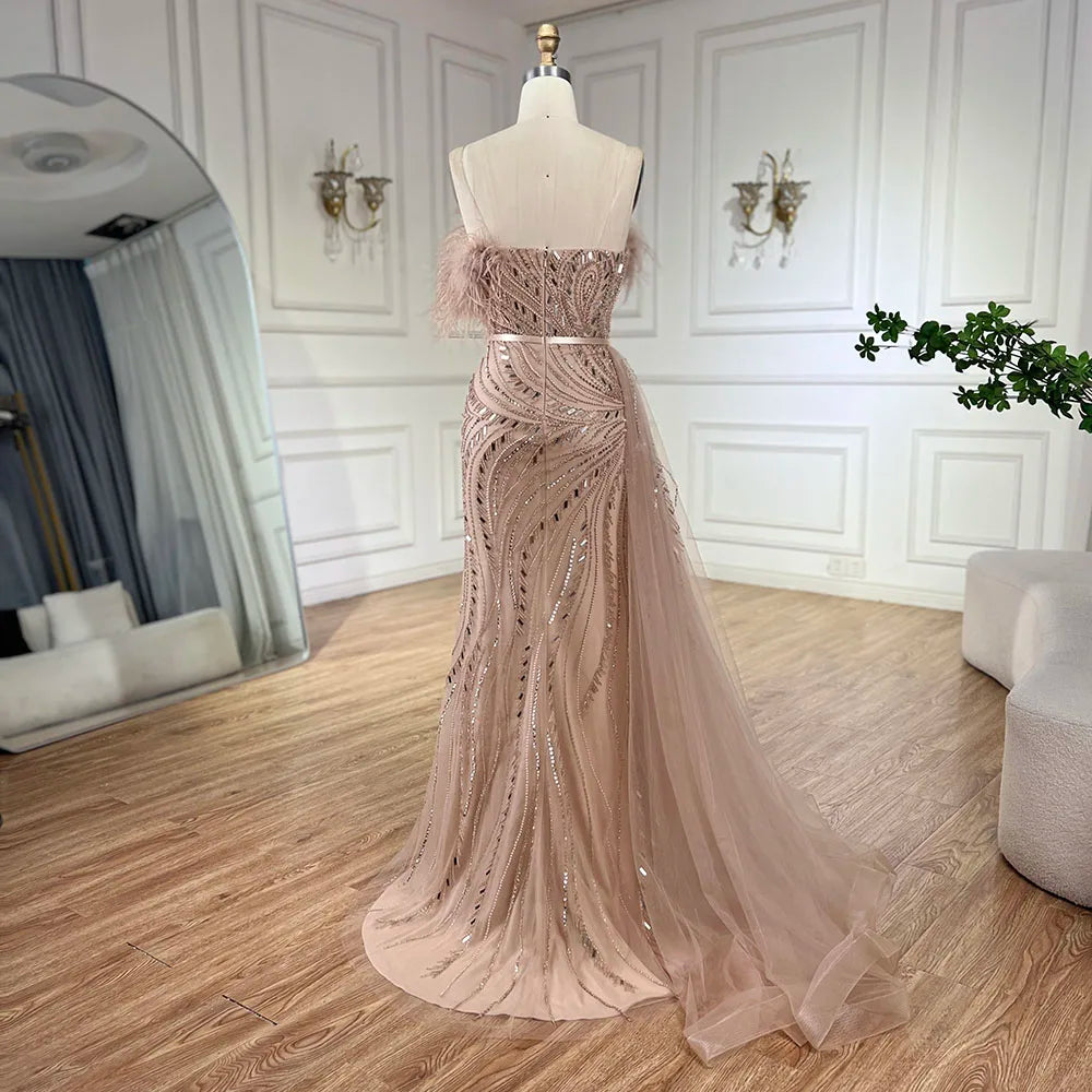 Luxury Nude Mermaid Evening Dress Overskirt Feather Beaded Split LA72311