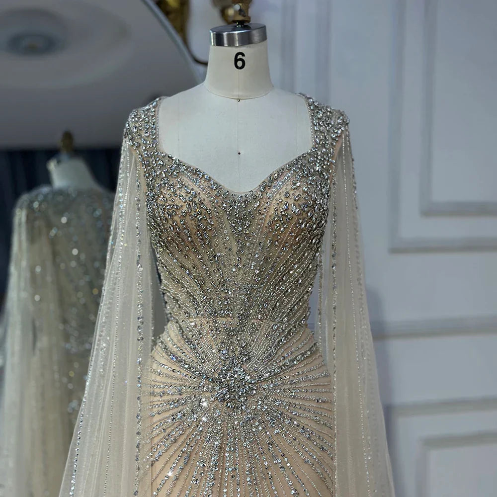 Luxury Dubai Nude Cape Sleeves Beaded Saudi Arabic Evening Dresses Gowns for Formal Occasion LA72575A