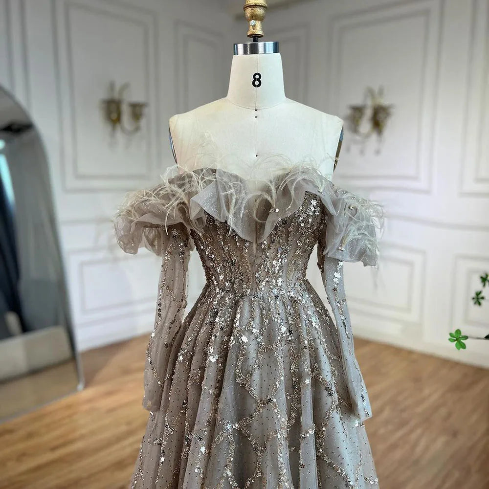 Luxury Caramel Beaded Feather A-Line Sparkle Evening Dress LA71328A