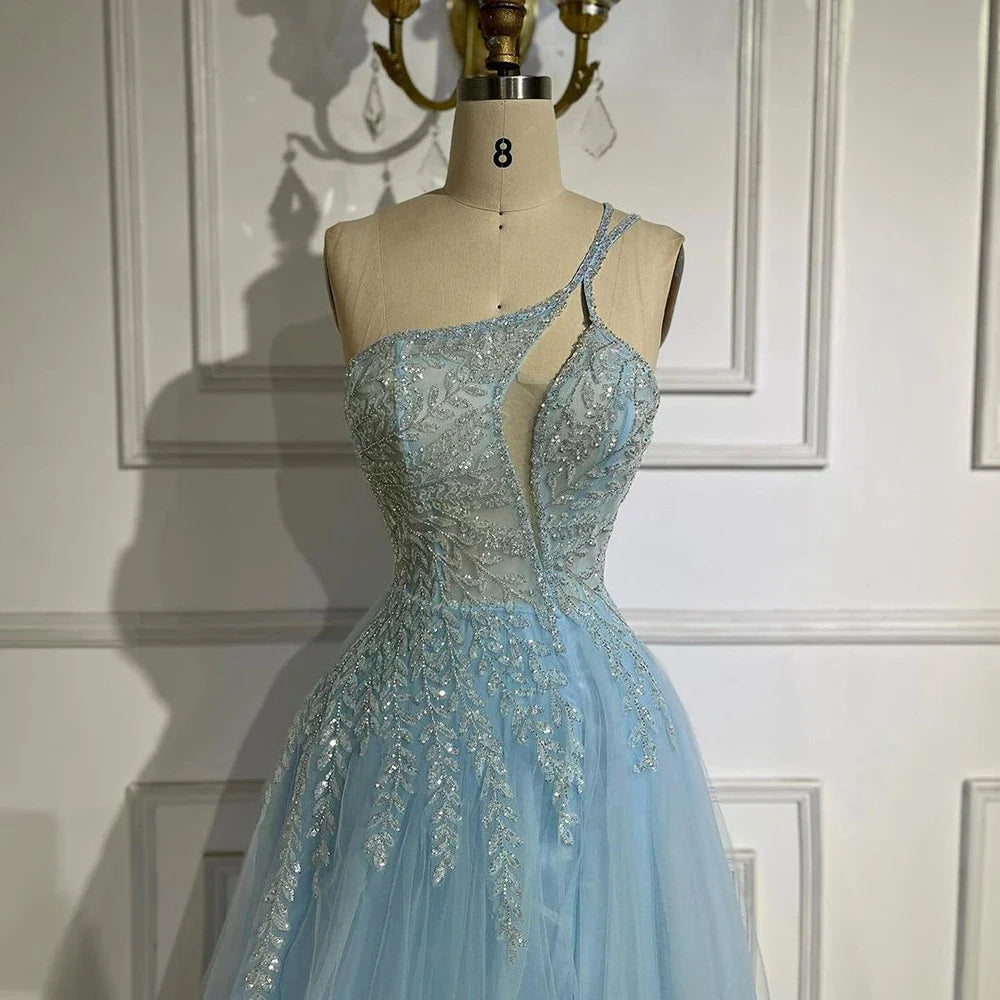 Serene Hill Arabic Blue Spaghetti Strap A Line One Shoulder Beaded Luxury Evening Dresses Gowns for Women's Party 2025 LA72589
