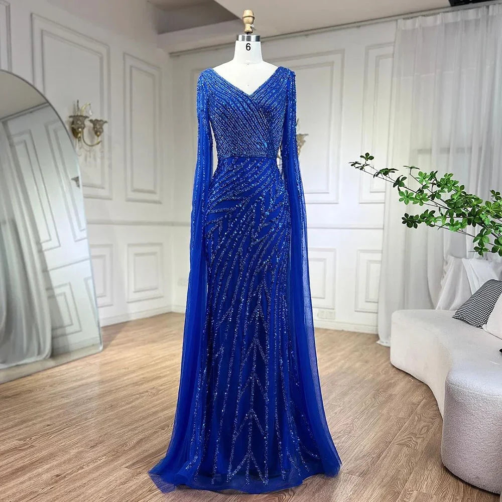 Luxury Blue Beaded Mermaid Cape Sleeves Evening Dress Gown LA71493A