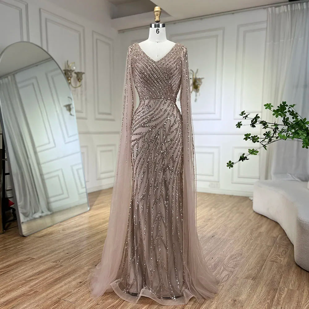 Luxury Blue Beaded Mermaid Cape Sleeves Evening Dress Gown LA71493A