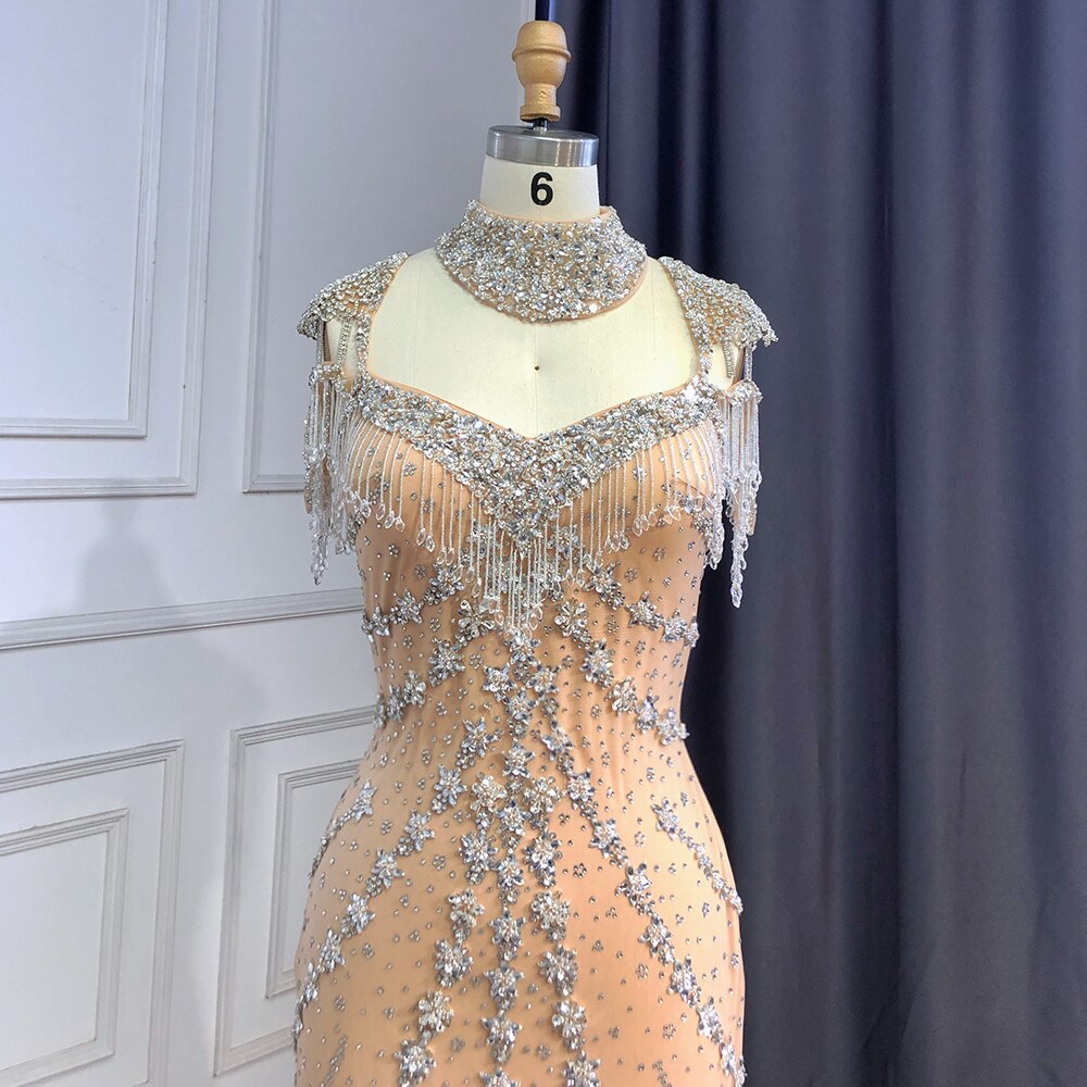 Luxury Arabic Nude Kendall Jenner Mermaid Evening Dress Beaded Tassel LA71540