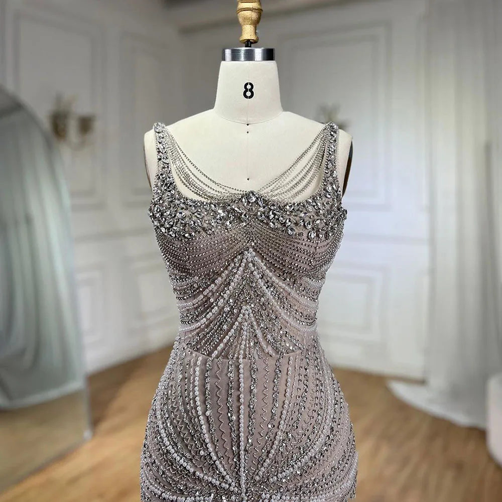 Luxury Nude Pearl Beaded Mermaid Evening Dress with Spaghetti Straps LA72356