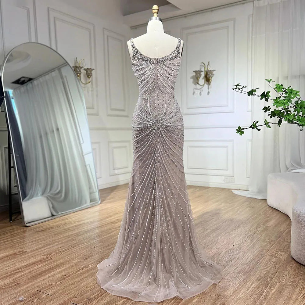Luxury Nude Pearl Beaded Mermaid Evening Dress with Spaghetti Straps LA72356