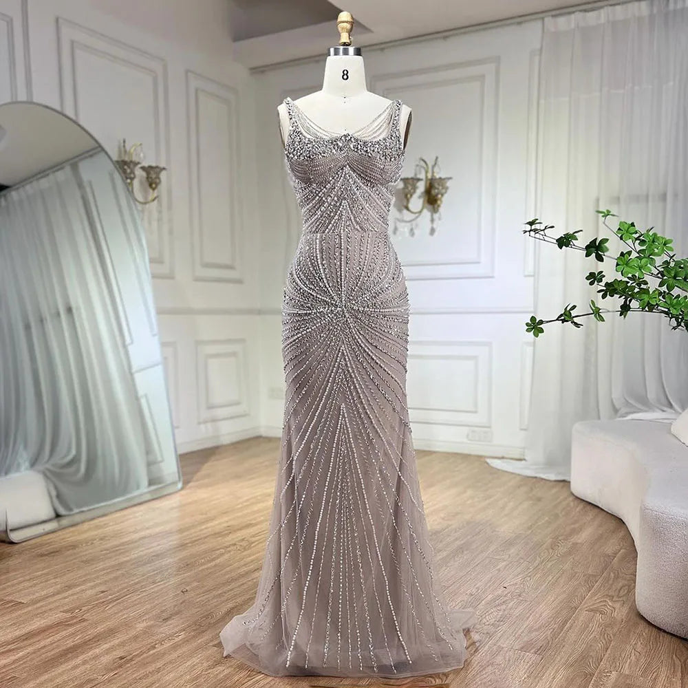 Luxury Nude Pearl Beaded Mermaid Evening Dress with Spaghetti Straps LA72356