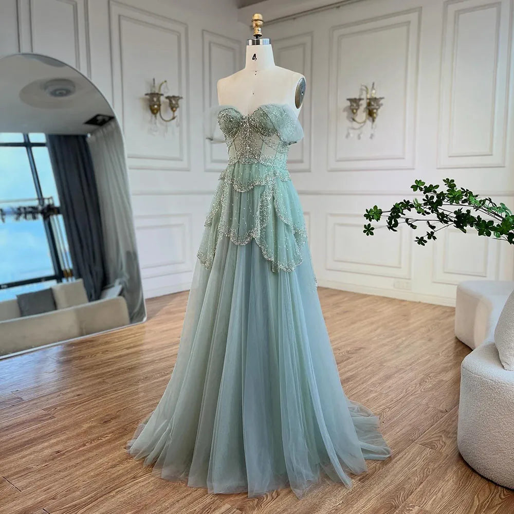 Luxury Sage Green Beaded A-Line Off Shoulder Evening Dress LA72605