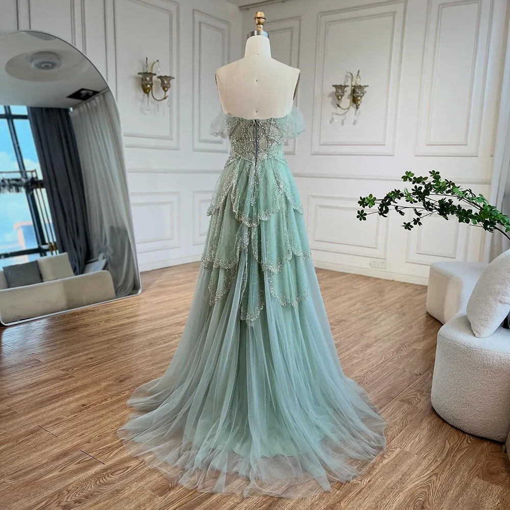 Luxury Sage Green Beaded A-Line Off Shoulder Evening Dress LA72605