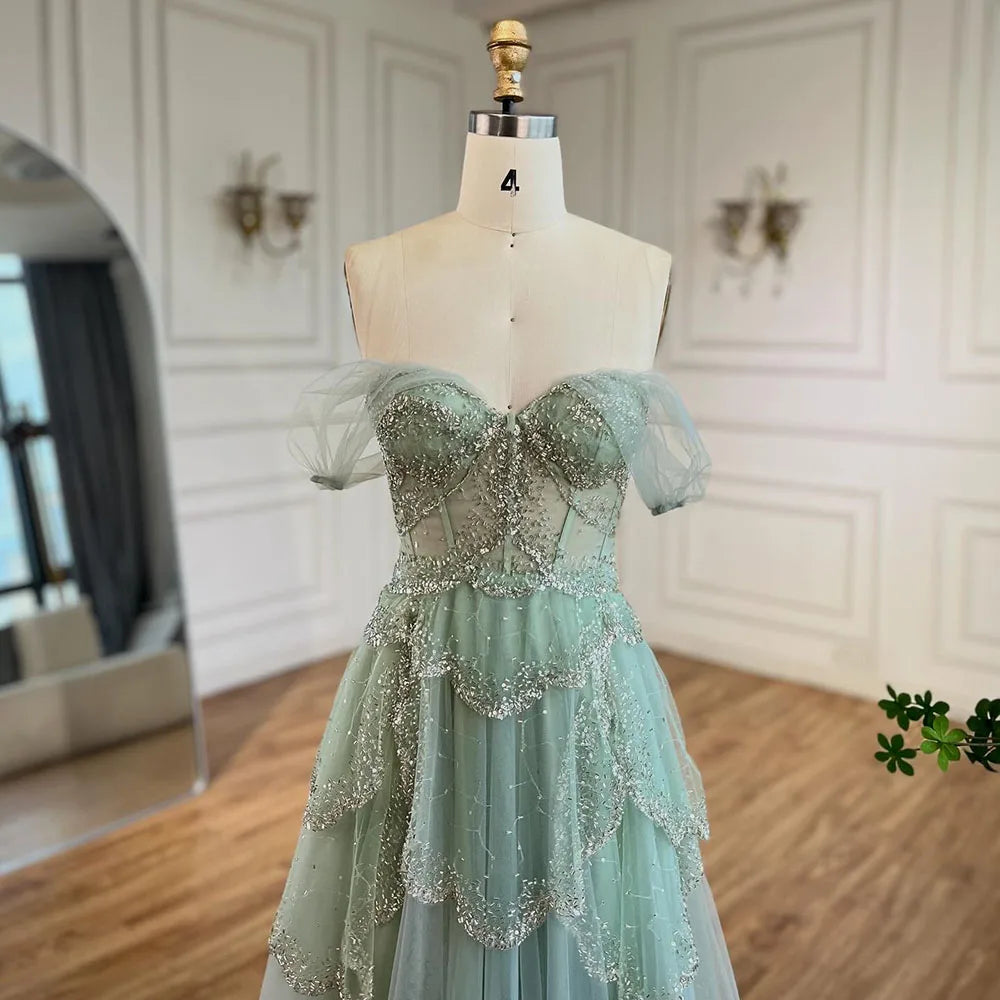 Luxury Sage Green Beaded A-Line Off Shoulder Evening Dress LA72605