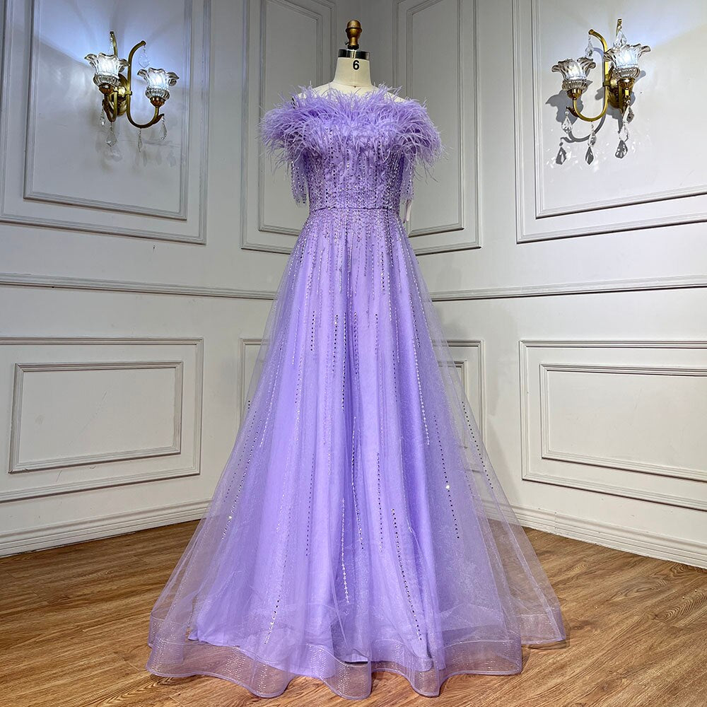 Blue Boat Neck Luxury Evening Dresses Gowns 2026 Short Sleeves Beaded Feather A-Line LA71524