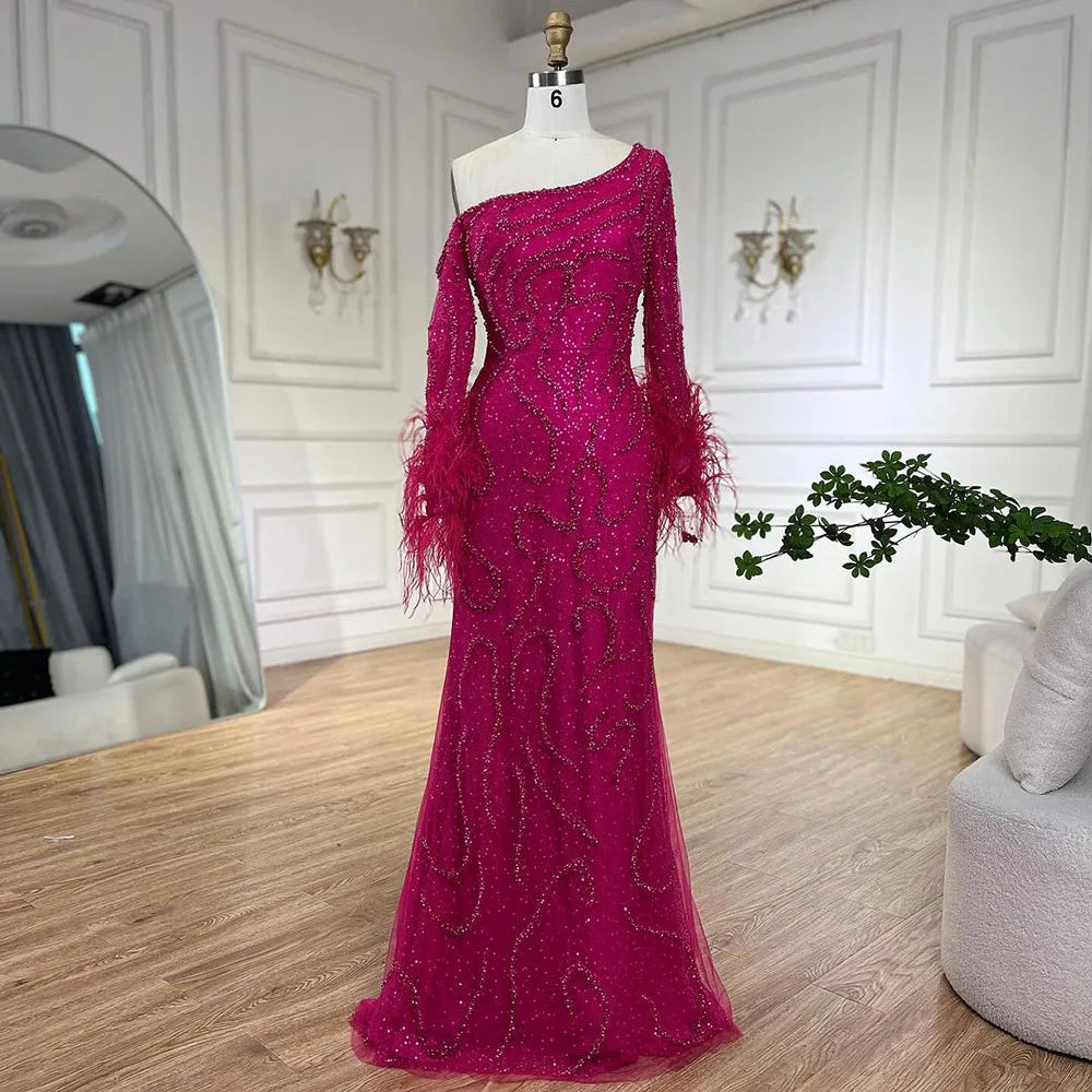 Royal Blue One-Shoulder Mermaid Evening Dress with Beads & Feathers LA72395