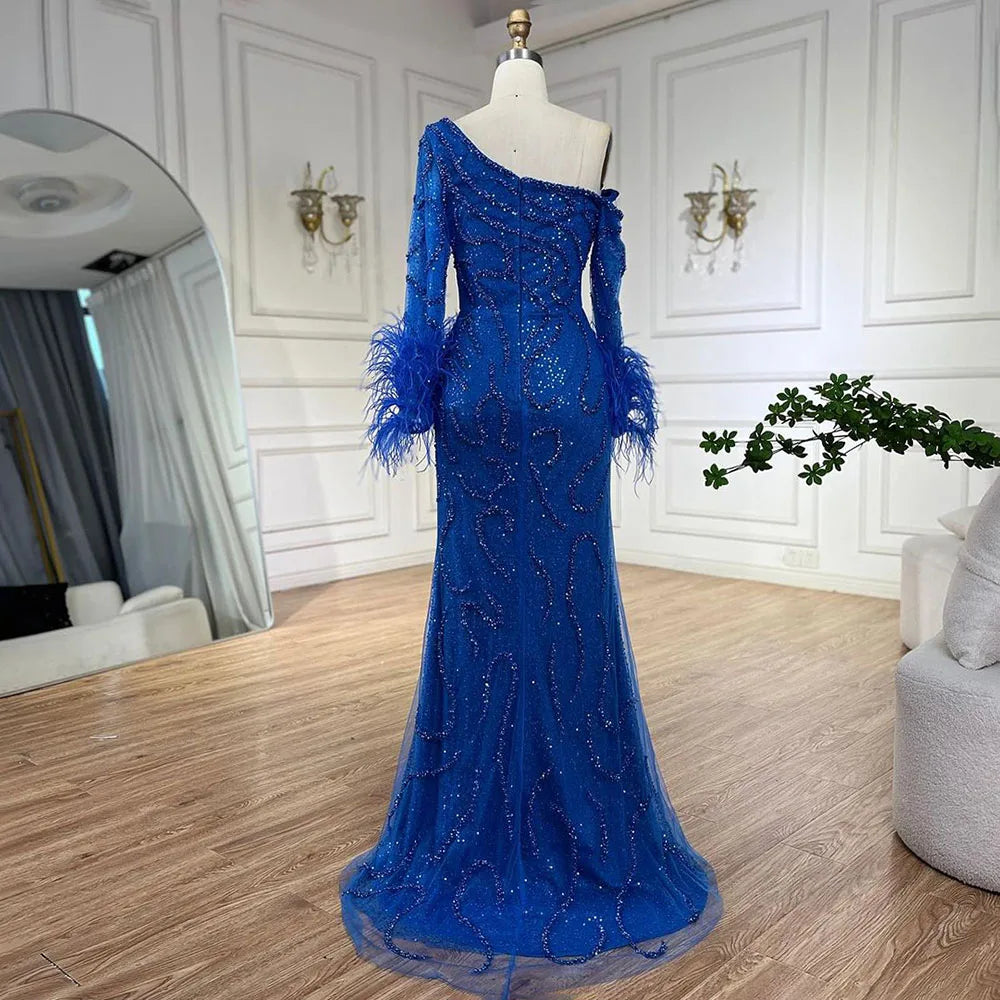 Royal Blue One-Shoulder Mermaid Evening Dress with Beads & Feathers LA72395