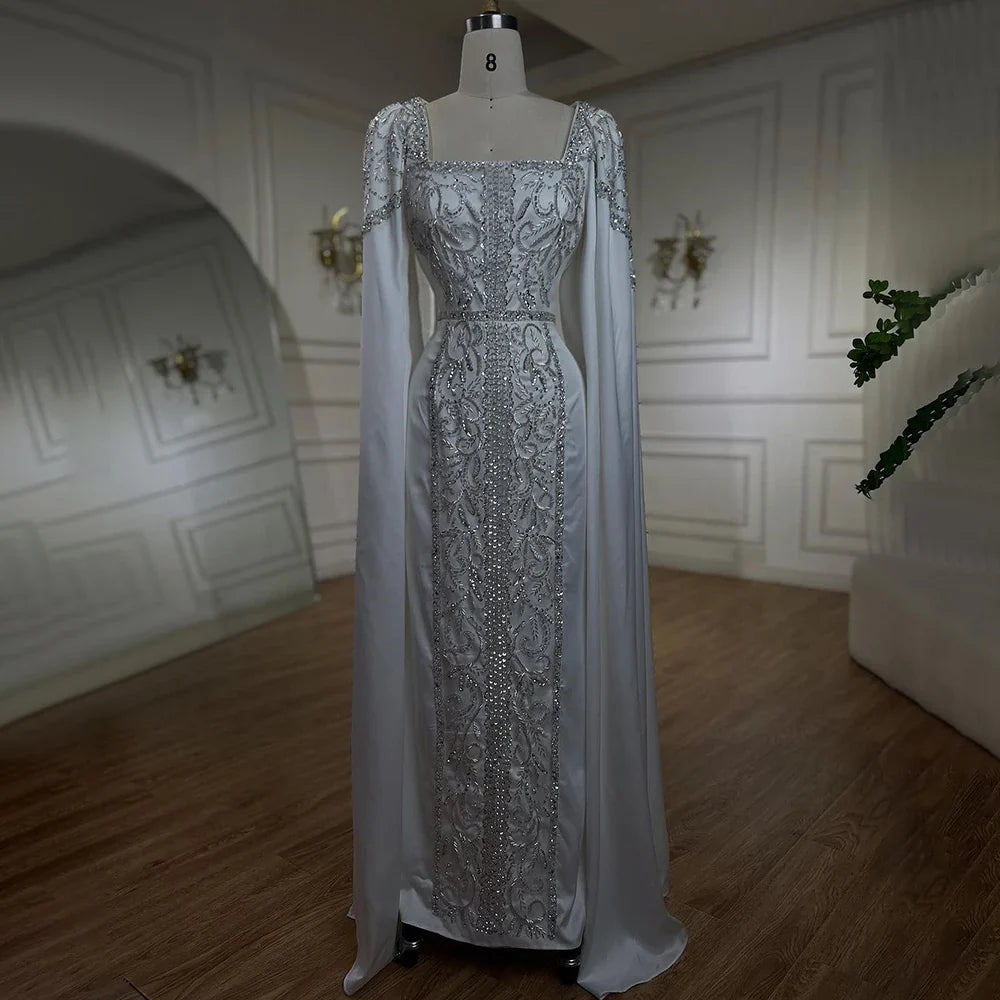 Luxury Blue Mermaid Muslim Evening Dresses with Cape Sleeves LA72050