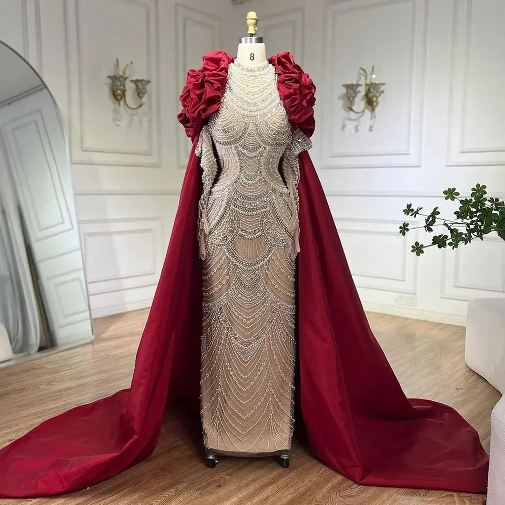 Luxury Dubai Arabia Nude Mermaid Elegant Evening Dress Gowns with Pearls Beaded for Formal Occasion LA72091A