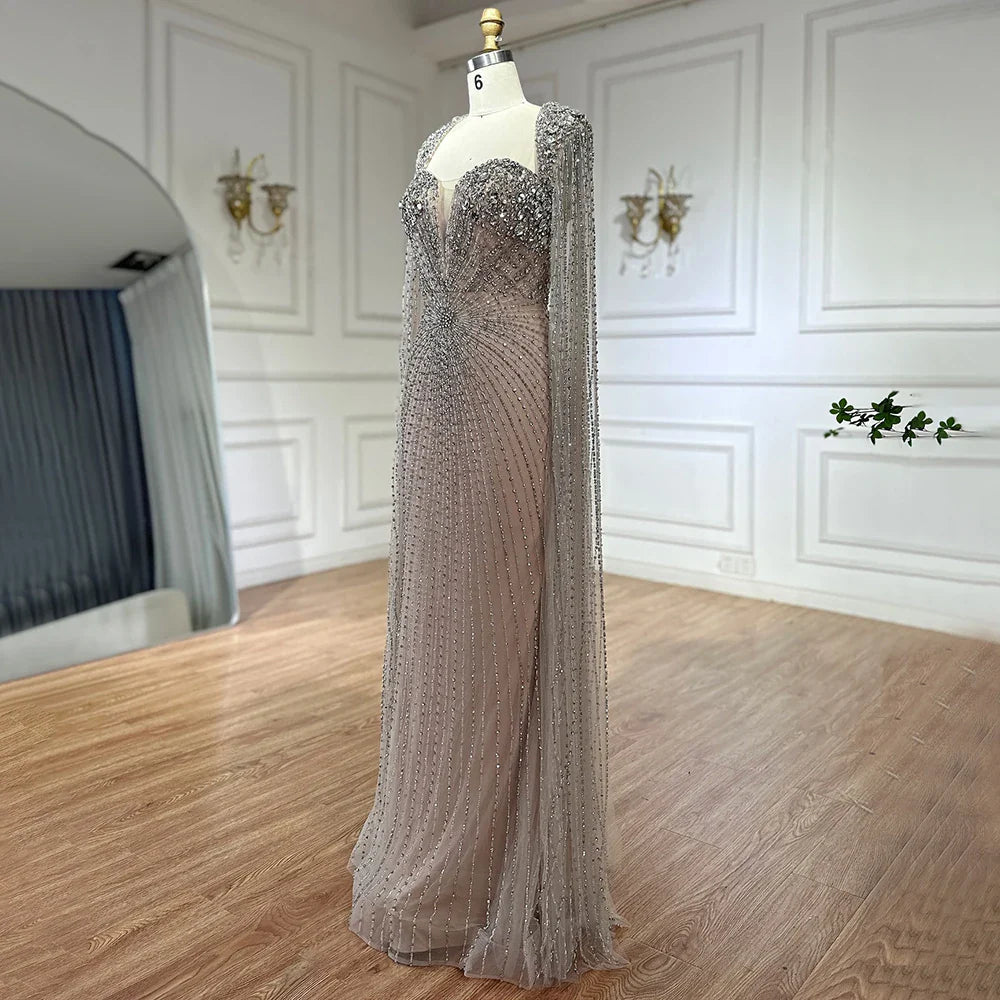 Luxury Nude Cape Sleeves Evening Gowns For Wedding Party LA72575