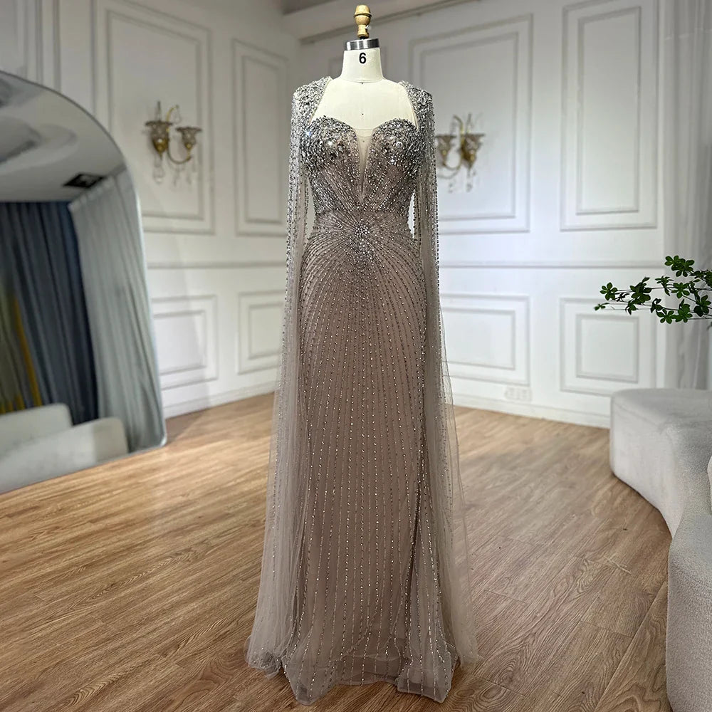 Luxury Nude Cape Sleeves Evening Gowns For Wedding Party LA72575