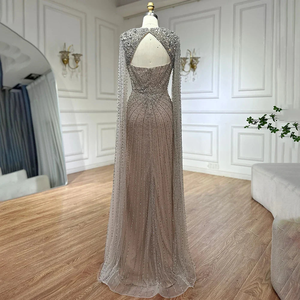 Luxury Nude Cape Sleeves Evening Gowns For Wedding Party LA72575