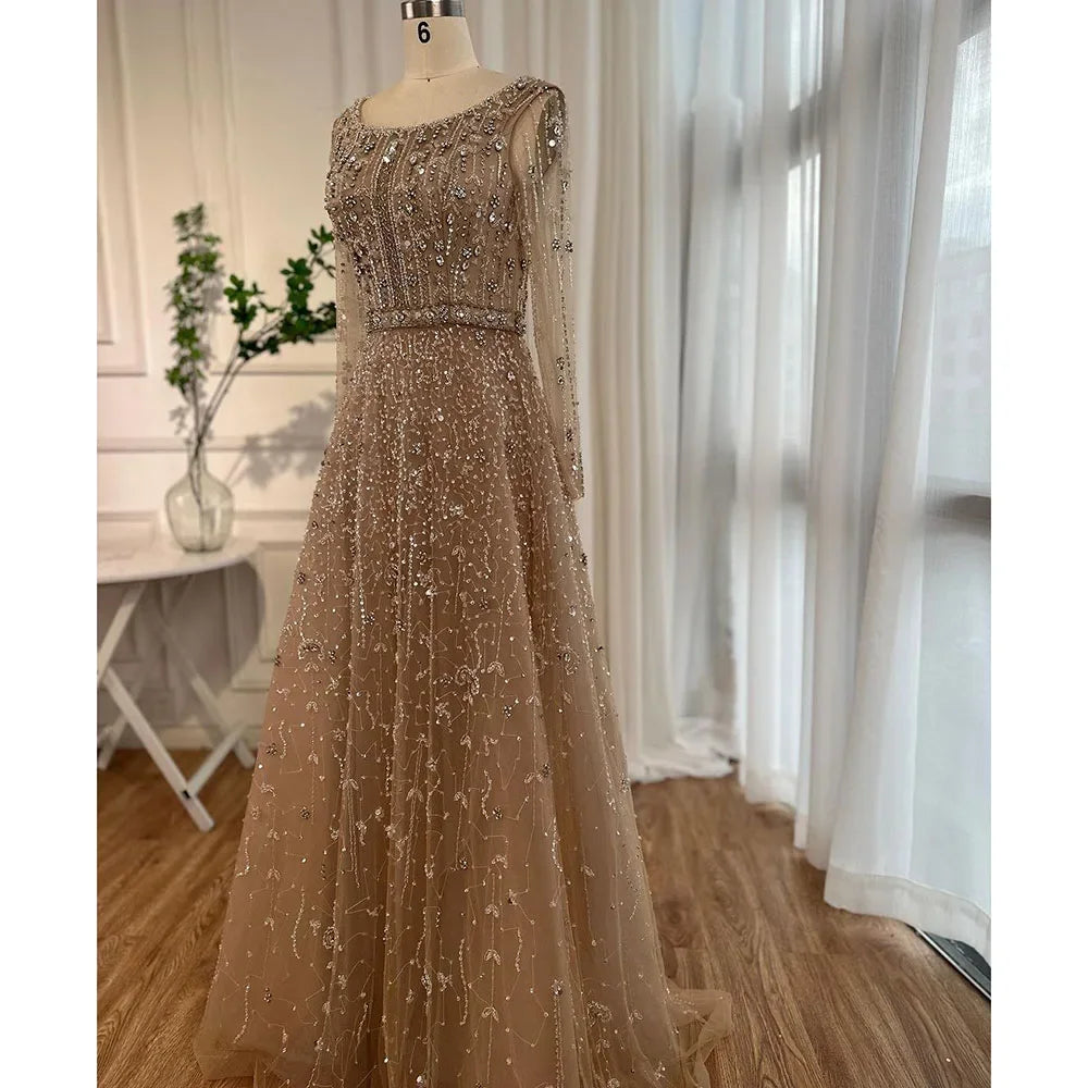 Luxury Nude A Line Beaded Evening Dresses Gowns For Women Wedding Party LA72088
