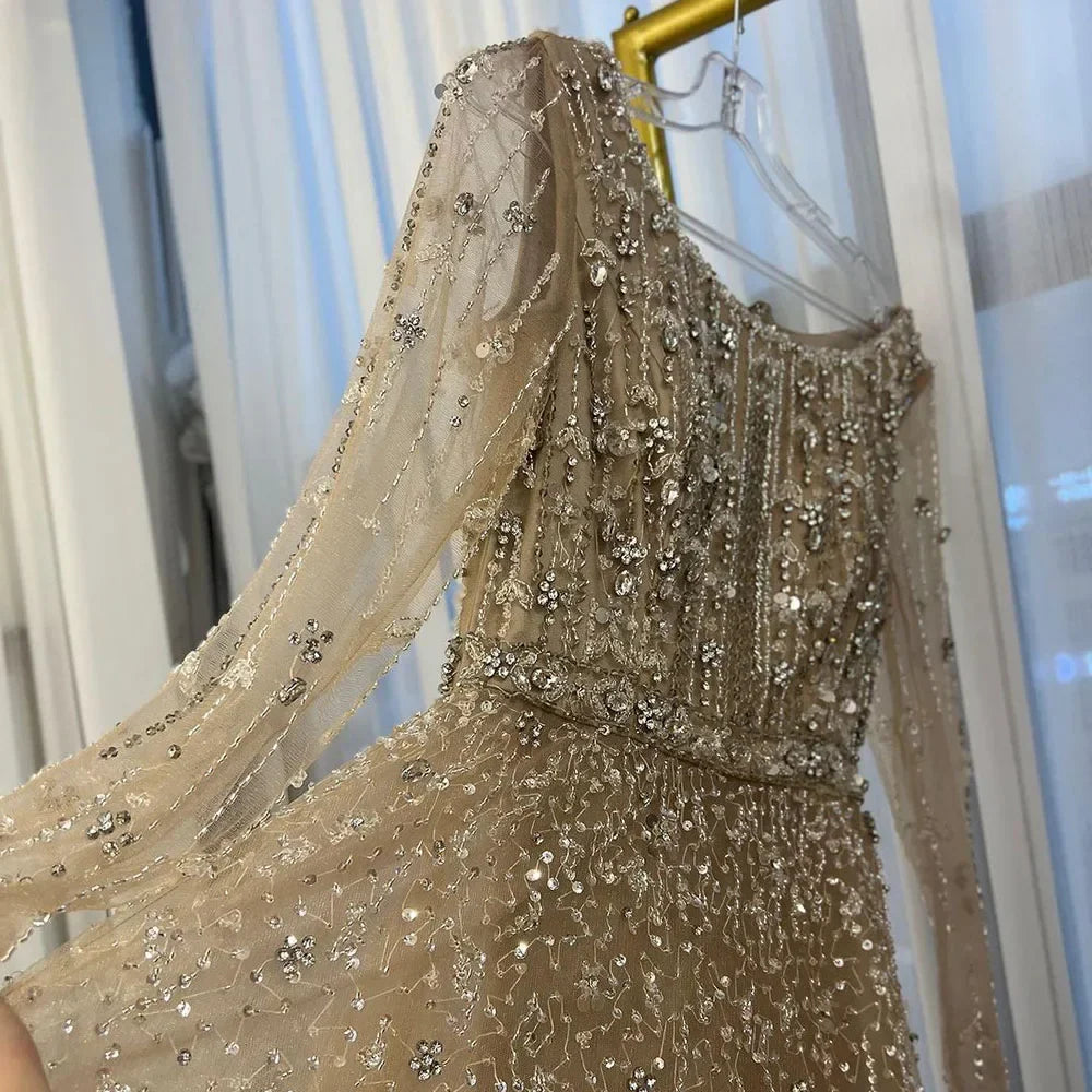 Luxury Nude A Line Beaded Evening Dresses Gowns For Women Wedding Party LA72088