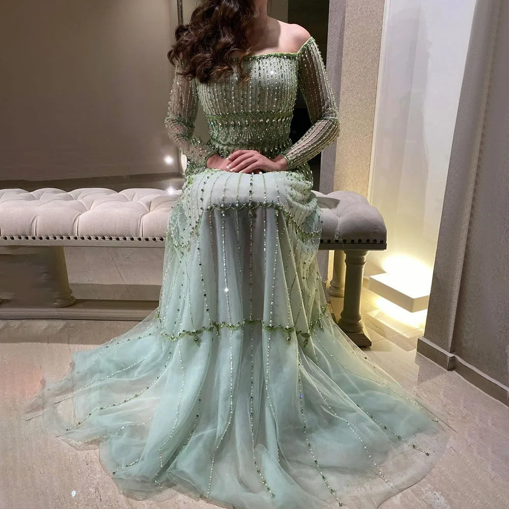 Luxury Sage Green Beaded Mermaid Evening Dress LA72350