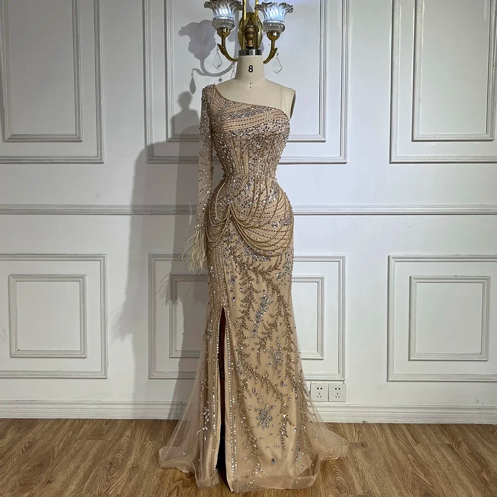 Luxury Nude One Shoulder Beaded Feather Mermaid Evening Dress LA72353