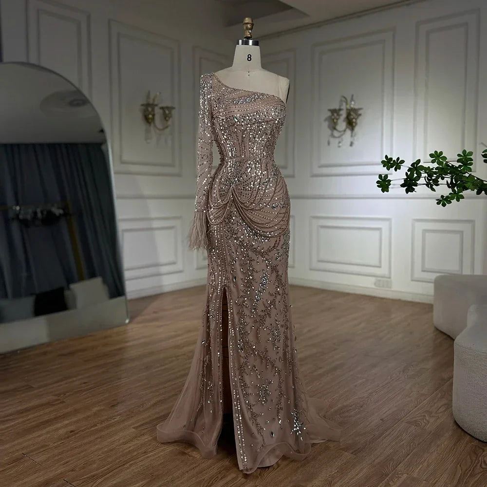 Luxury Nude One Shoulder Beaded Feather Mermaid Evening Dress LA72353