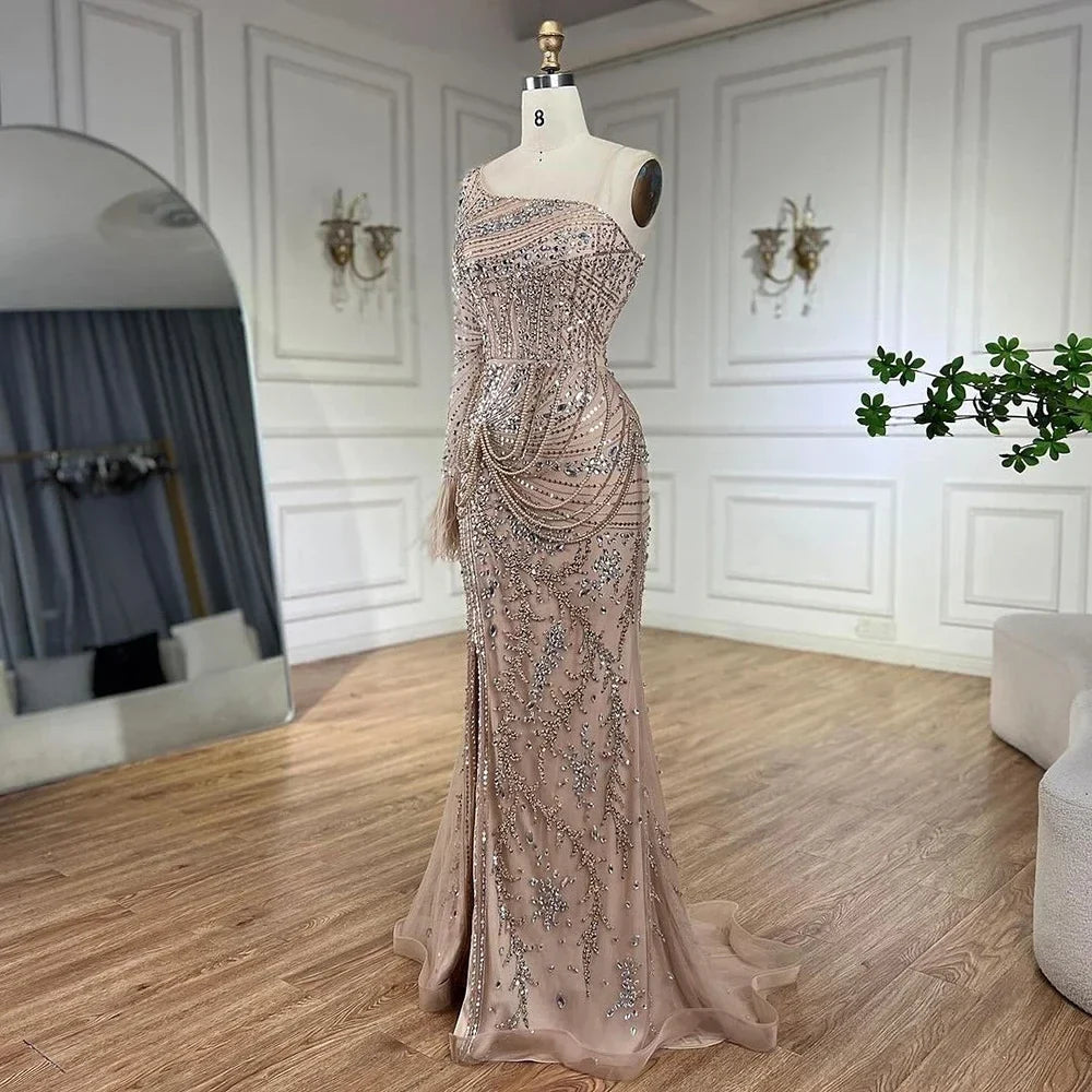Luxury Nude One Shoulder Beaded Feather Mermaid Evening Dress LA72353