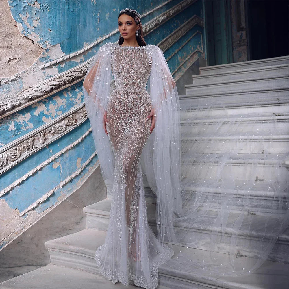 Luxury White Nude Mermaid Pearls Beaded Evening Dress with Cape Sleeves LA72444